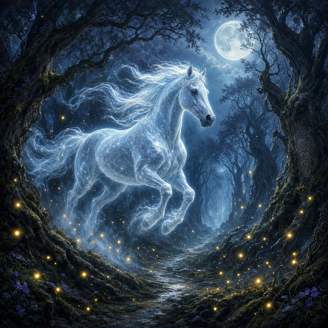 A majestic horse with a spectral mane and tail gallops through an enchanted, moonlit forest. Glimmering fireflies illuminate the path, casting an ethereal glow on ancient trees. The horse appears translucent, as if it's a phantom from another realm. The style is digital art, with surrealism and cinematic lighting to enhance the mysterious atmosphere — Grok Imagine Image 2