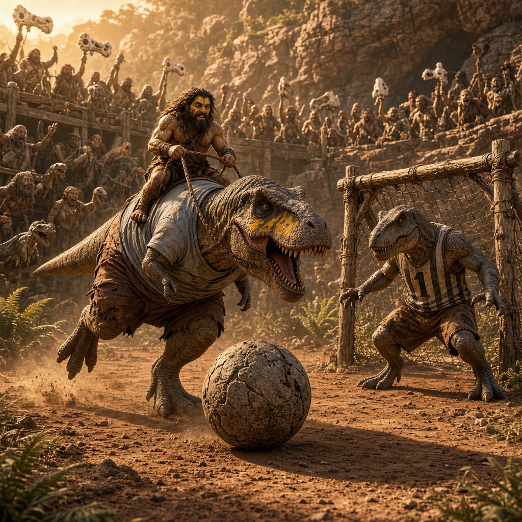 Wide shot of a golden-hour prehistoric football match, photorealistic, cinematic. A weathered, muscular adult caveman with ochre face paint sits upright on a plump medium T-Rex's back, gripping a braided leather leash. The mounted T-Rex strains mid-kick, wearing a tiny faded grey cotton T-shirt riding up over its scaled shoulders and frayed athletic shorts bunched at its hips, one massive clawed foot cocked back behind a pockmarked 3ft stone football. A weathered timber goalpost stands 20 yards ahead; the opposing T-Rex goalie hunches ready in a sleeveless striped jersey #1 and grass-stained shorts, claws dug into dusty red earth. Sunlit bleachers line the natural rock arena: cheering adult cave families wave bone flags, assorted small dinosaurs bounce and roar along the sidelines, warm late-afternoon light gilds fern fronds and dinosaur scales, soft long shadows stretch across the playing field, playful triumphant atmosphere, sharp focus on the kicking T-Rex, shallow depth of field on spectators. — Grok Imagine Image 2