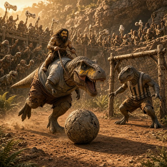 Wide shot of a golden-hour prehistoric football match, photorealistic, cinematic. A weathered, muscular adult caveman with ochre face paint sits upright on a plump medium T-Rex's back, gripping a braided leather leash. The mounted T-Rex strains mid-kick, wearing a tiny faded grey cotton T-shirt riding up over its scaled shoulders and frayed athletic shorts bunched at its hips, one massive clawed foot cocked back behind a pockmarked 3ft stone football. A weathered timber goalpost stands 20 yards ahead; the opposing T-Rex goalie hunches ready in a sleeveless striped jersey #1 and grass-stained shorts, claws dug into dusty red earth. Sunlit bleachers line the natural rock arena: cheering adult cave families wave bone flags, assorted small dinosaurs bounce and roar along the sidelines, warm late-afternoon light gilds fern fronds and dinosaur scales, soft long shadows stretch across the playing field, playful triumphant atmosphere, sharp focus on the kicking T-Rex, shallow depth of field on spectators. — Grok Imagine Image 2