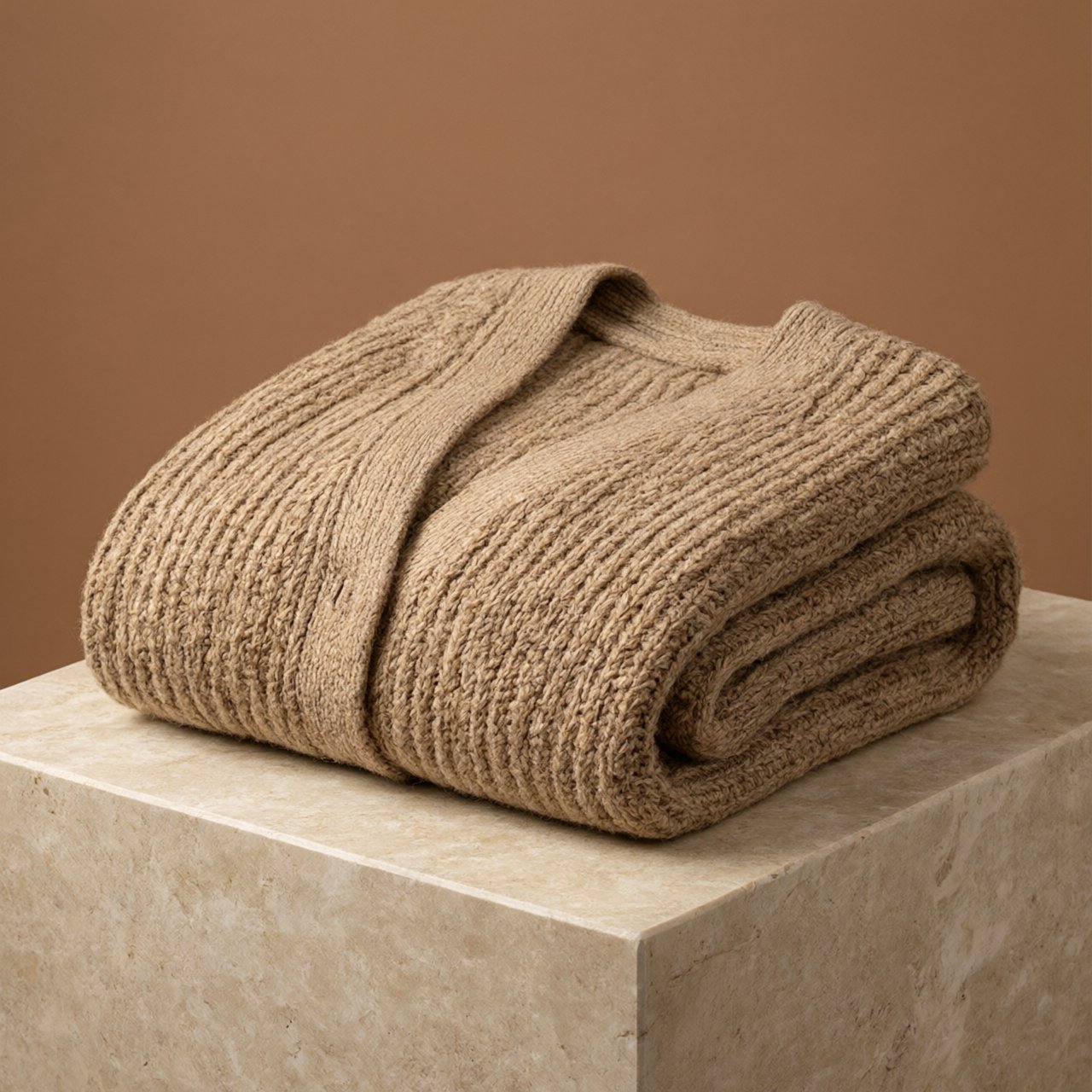 A folded unbranded merino cardigan rests on a honed limestone plinth, its chunky ribbed wool surface softly catching broad overhead diffusion and warm side bounce against a muted clay backdrop, with no tags, lettering, or graphics. — Qwen Image 3.0 Pro