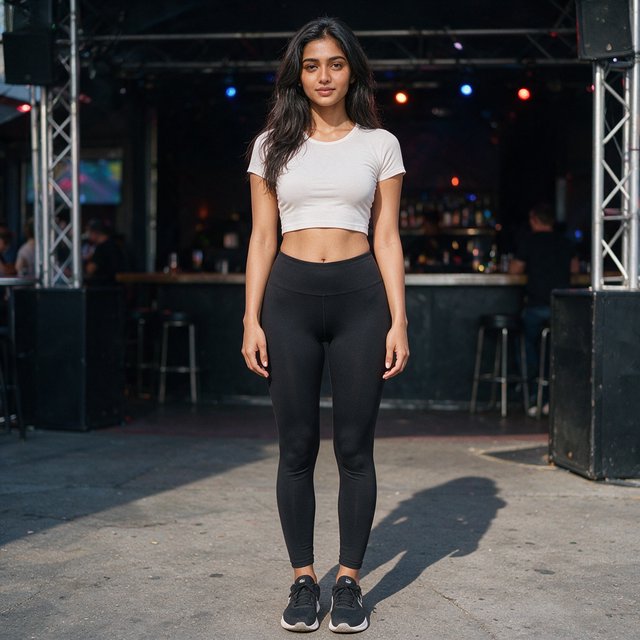 A very pretty Indian woman, 19–27 years old. She is slim with wide hips and is wearing a fitted crop top and leggings. Full-body image. Outside a nightclub. — Model 18