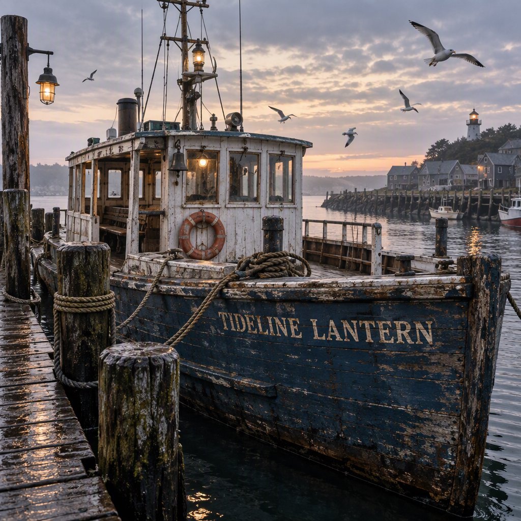 At a quiet harbor, a weathered wooden ferry rests beside slick pilings, ropes coiled on deck as gulls wheel overhead; "TIDELINE LANTERN" is painted in faded ivory letters along the blue hull. — GPT Image 2.5 Sunburst