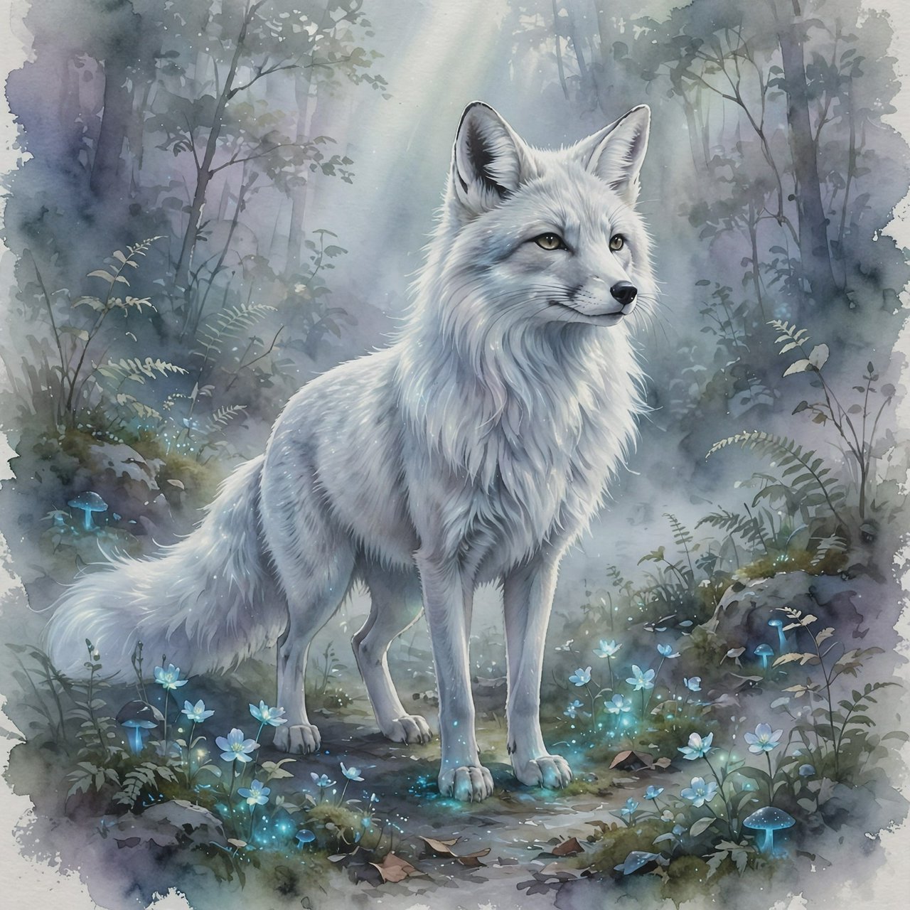 A majestic fox with fur like spun moonlight, standing in a clearing bathed in ethereal light. Bioluminescent flowers bloom around its paws, casting a soft, otherworldly glow. The scene is rendered in a detailed watercolor illustration style, with delicate brushstrokes and a muted, mystical color palette. Cinematic lighting emphasizes the magical ambiance. — Muse Image 1.0