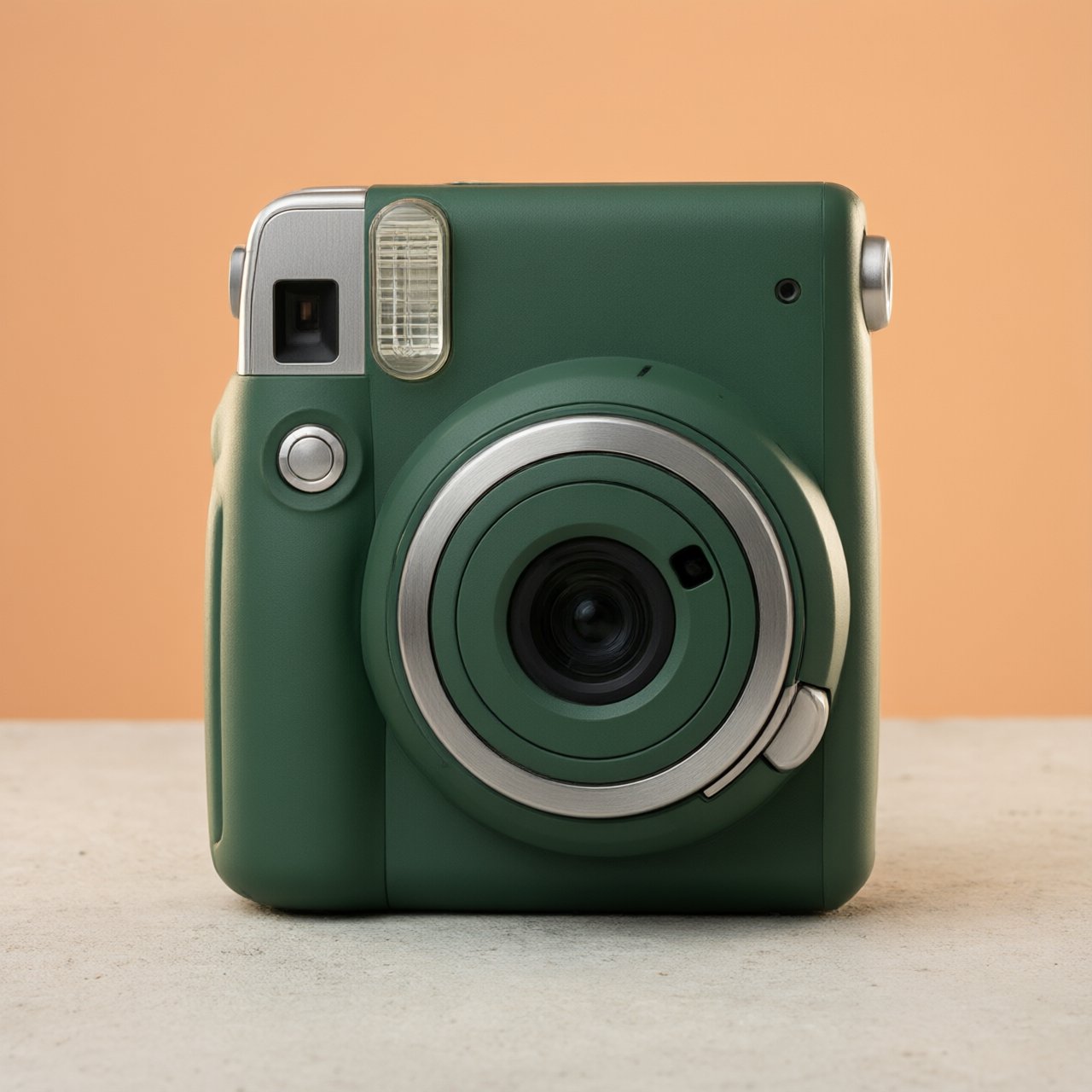 Commercial product photograph of an unbranded compact instant camera in matte forest-green polymer with brushed steel details, resting on a pale concrete surface against a warm peach background, illuminated by broad diffused studio light and a soft rim light. — Qwen Image 3.0