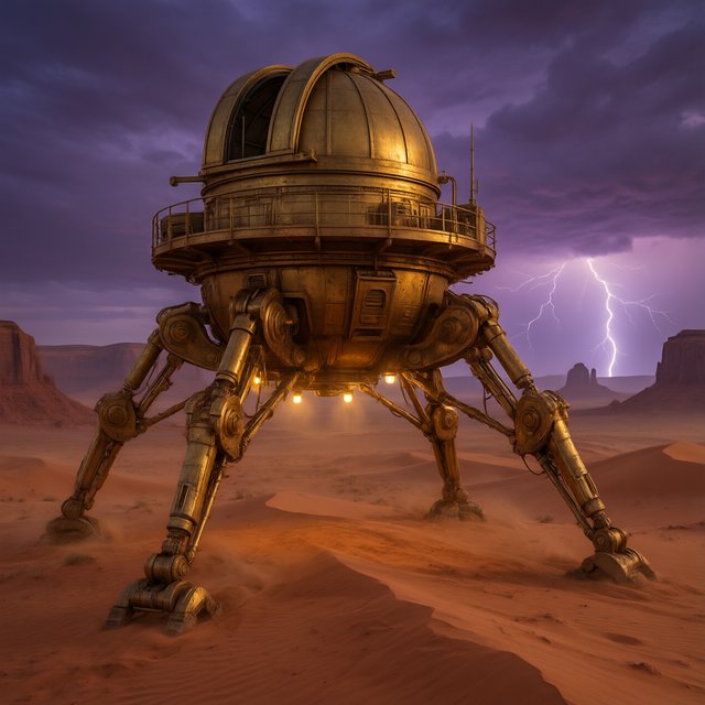 A colossal brass desert crawler carries an observatory dome across red dunes, its articulated legs striding through a sandstorm. Warm lamps glow beneath the hull while distant mesas fade into violet dusk and lightning illuminates the horizon. — Qwen Image 3.0