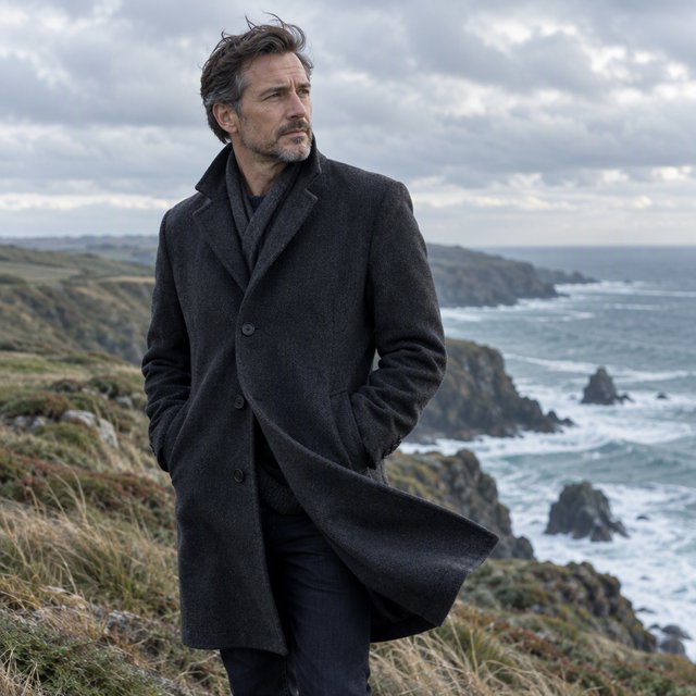 Wind lifts the hem of a charcoal wool coat as an adult man in his late 40s keeps a pensive gaze. The portrait frames him against a windswept coastal bluff beneath cool, cloud-filtered daylight. — GPT Image 2.5 Flare