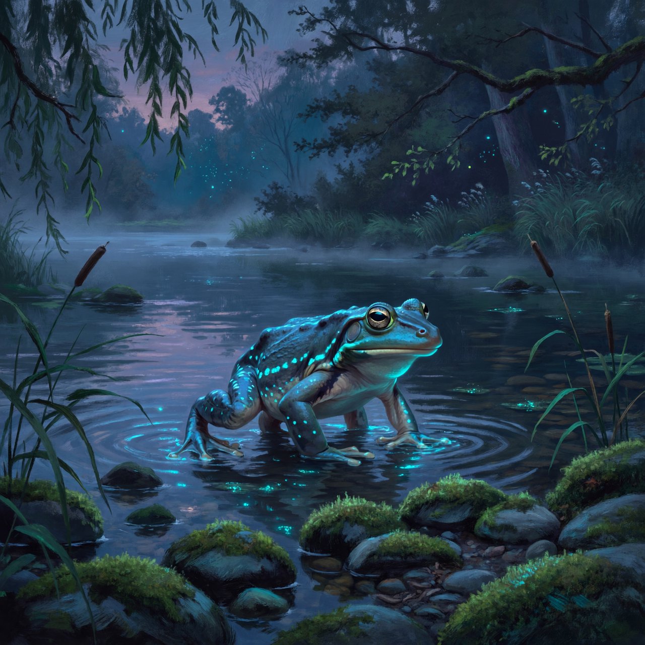 Creature design: a six-legged amphibious grazer with bioluminescent markings, shown on a riverbank, painterly. — ImagineArt 2