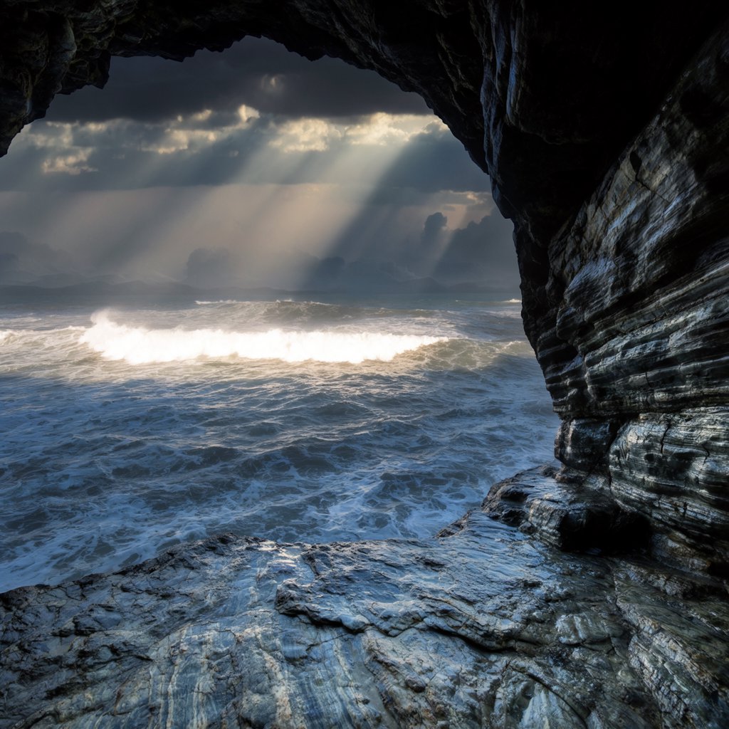 Inside a blue-grey sea cave, incoming swells curl over ribbed limestone beneath a clearing rain squall in late afternoon; wet mineral bands and shell fragments sharpen the entrance ledge, while the cavern mouth frames hazy open water. — Krea 2 Large