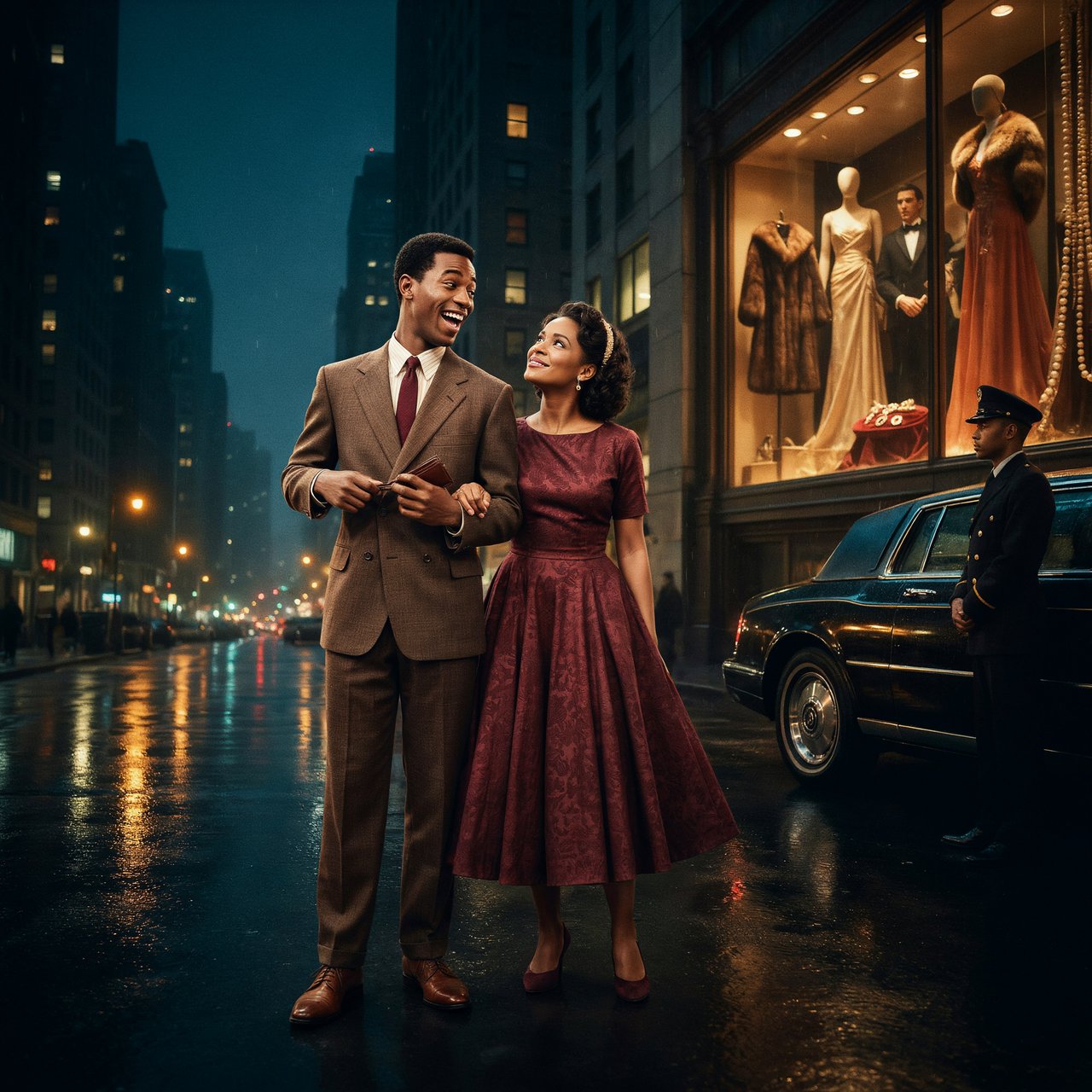 Cinematic city scene at night, with the glamour of 1970s soul romance. In the foreground, a young Black man in a modest brown wide-lapel suit smiles at his adult beloved, playfully turning out his empty trouser pocket while holding an almost-empty wallet. His adult girlfriend wears a burgundy patterned dress and delicate hairband; she holds his arm and gazes at him lovingly, unconcerned by his lack of money. Beside them, a grand department-store window glows amber, displaying a luxurious fur coat, regal evening gown, diamond rings and strings of pearls. In the glass, their reflections appear elegantly dressed, hinting at the lavish life he dreams of giving her. A polished black limousine waits at the curb beside a uniformed chauffeur. Wet pavement mirrors golden lights; deep blue city buildings balance the amber, cream and burgundy palette. Warm, joyful, sincere mood; realistic faces and hands, detailed fabrics and reflections. No text, borders or collage. — Ideogram v4