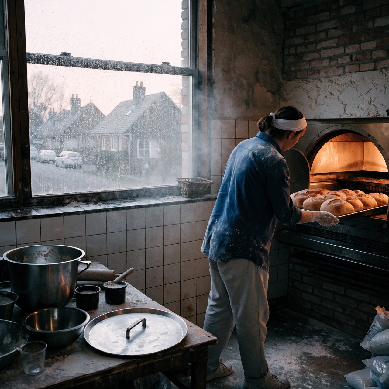 Candid documentary photograph of an adult baker sliding a tray of bread into a neighborhood bakery oven, warm oven glow mixing with gray dawn window light, 35mm lens with moderate depth of field, flour dust suspended above the workbench. — Recraft v4 Pro