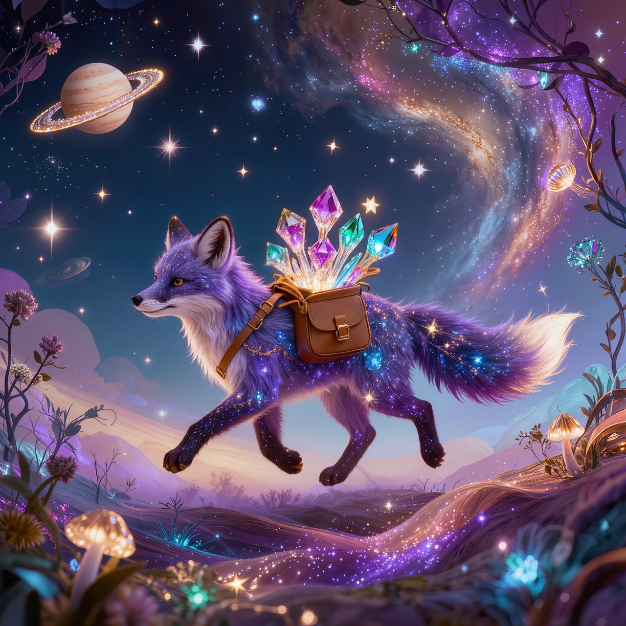 A celestial fox made of stardust and nebulae, carrying a satchel overflowing with glowing cosmic jewels, journeys through an ethereal dreamscape. Swirling galaxies and bioluminescent flora fill the background. The scene is rendered in a surreal, photorealistic style, emphasizing intricate details and a sense of infinite wonder. — Kling v3