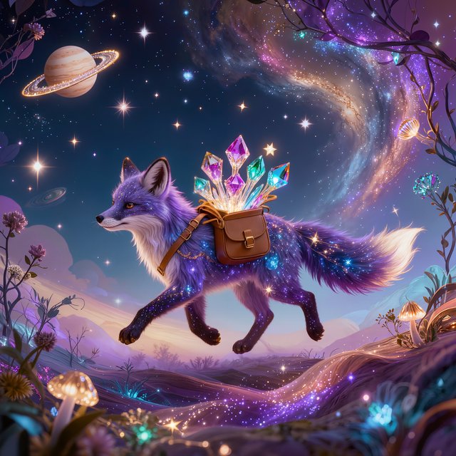 A celestial fox made of stardust and nebulae, carrying a satchel overflowing with glowing cosmic jewels, journeys through an ethereal dreamscape. Swirling galaxies and bioluminescent flora fill the background. The scene is rendered in a surreal, photorealistic style, emphasizing intricate details and a sense of infinite wonder. — Kling v3