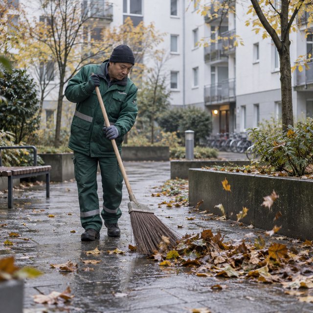 Candid documentary photograph of an adult groundskeeper sweeping damp leaves from an apartment courtyard, pale overcast morning light, 35mm lens with moderate depth of field, a few leaves caught midair in motion blur. — GPT Image 2.5 Sunburst