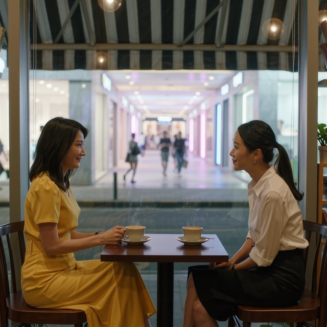 A cozy nighttime café scene featuring two young adult Chinese women seated at a table by a window. One wears a yellow dress, and the other, seated opposite her, wears a white blouse and black skirt. They are chatting warmly with each other, with two cups of coffee on the table. Outside the window, a lively shopping street glows with evening lights, creating a relaxed, intimate, and cinematic atmosphere. — Kling v3 Omni