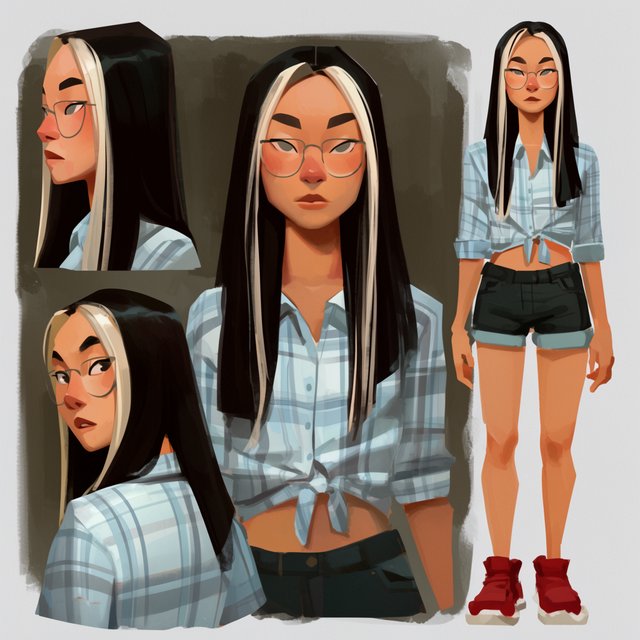 Character exploration sheet of the same woman: several bust and waist-up studies with varied expressions and 3/4 views, including one from behind, glancing over her shoulder at the viewer; one larger central portrait; and one full-length figure at the side, spanning the image height. Plain light-gray background with irregular painted edges. Character: 25-year-old Korean woman with long straight black hair and two platinum face-framing streaks from roots to ends, glasses, tipped almond eyes, Asian skin tone, plaid button-up tied at the waist, cuffed denim shorts, chunky red sneakers. Style: stylized semi-realistic digital painting; animation-inspired proportions, large eyes, strong brows, simplified but solid anatomy, painterly shape-based rendering, minimal linework, soft facial shading, angular clothing brushwork, warm luminous skin with peach/terracotta undertones and rosy cheeks/nose, sculpted hair, muted charcoal/earth palette, soft studio light, loose unfinished edges. — Model 11
