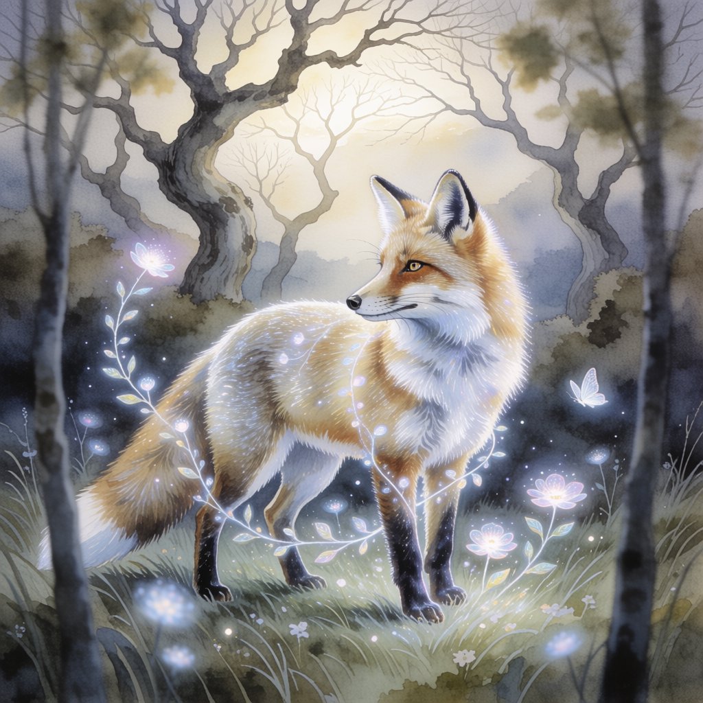 A majestic fox with fur like spun moonlight, standing in a clearing bathed in ethereal light. Bioluminescent flowers bloom around its paws, casting a soft, otherworldly glow. The scene is rendered in a detailed watercolor illustration style, with delicate brushstrokes and a muted, mystical color palette. Cinematic lighting emphasizes the magical ambiance. — Krea 2 Medium
