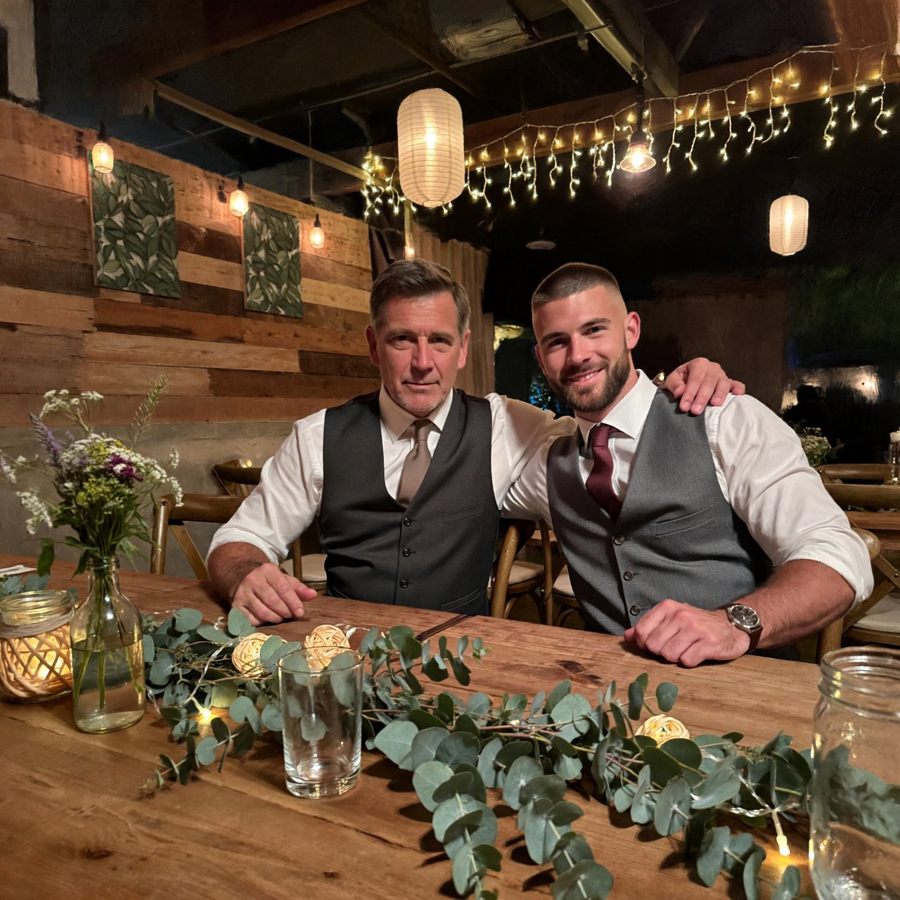 (Character1: rugby player body type, tall, brunet male, age 30, buzzcut hair and neatly groomed matching beard). Medium eye-level shot, photorealistic, two men seated at a wooden banquet table: the left middle-aged man wears a white dress shirt, charcoal waistcoat, and taupe tie, with his right arm on the table; the right man, Character1, smiles directly at the camera, wearing a white dress shirt, grey waistcoat, maroon tie, and a watch on his left wrist, with his left arm draped over the first man's shoulder. In the foreground: a table runner with eucalyptus sprigs, small fairy lights, a bottle holding flowers, a glass jar, and a water glass. Background: an exposed light horizontal wood plank wall with two decorative leaf panels, an exposed industrial ceiling with hanging paper lanterns, and fairy string lights. Warm, soft ambient overhead event lighting, natural indoor venue atmosphere, shallow depth of field. Art style: dramatic painterly realism with realistic skin texture, strong chiaroscuro, slightly gritty textured brushwork, fantasy illustration mood. — ImagineArt 2