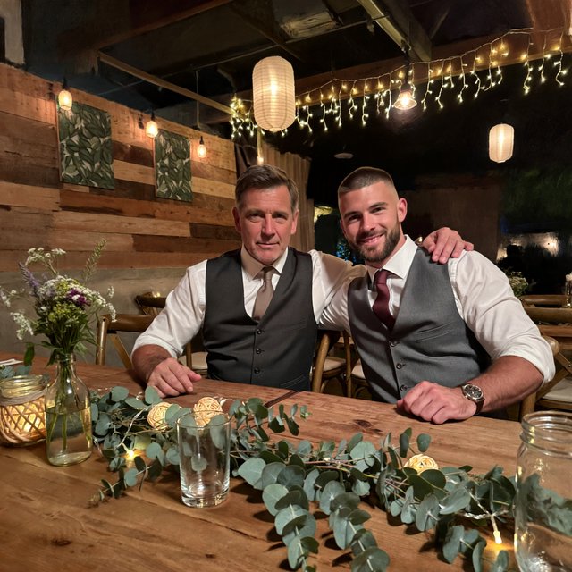 (Character1: rugby player body type, tall, brunet male, age 30, buzzcut hair and neatly groomed matching beard). Medium eye-level shot, photorealistic, two men seated at a wooden banquet table: the left middle-aged man wears a white dress shirt, charcoal waistcoat, and taupe tie, with his right arm on the table; the right man, Character1, smiles directly at the camera, wearing a white dress shirt, grey waistcoat, maroon tie, and a watch on his left wrist, with his left arm draped over the first man's shoulder. In the foreground: a table runner with eucalyptus sprigs, small fairy lights, a bottle holding flowers, a glass jar, and a water glass. Background: an exposed light horizontal wood plank wall with two decorative leaf panels, an exposed industrial ceiling with hanging paper lanterns, and fairy string lights. Warm, soft ambient overhead event lighting, natural indoor venue atmosphere, shallow depth of field. Art style: dramatic painterly realism with realistic skin texture, strong chiaroscuro, slightly gritty textured brushwork, fantasy illustration mood. — ImagineArt 2