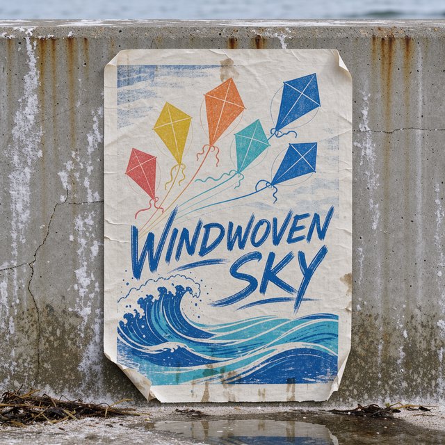 On a salt-stained seawall, a printed poster for a kite-making exhibition shows bright diamond kites sweeping above blue waves; “WINDWOVEN SKY” is screen-printed in sweeping cobalt script, with no other legible writing. — Model 1