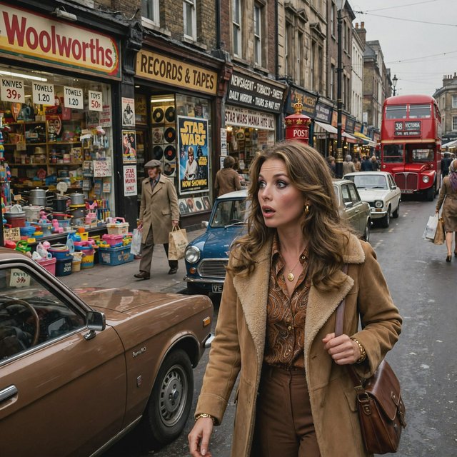 A glamorous woman walking down a busy UK high street in 1977. There are cars, buses and shops full of merchandise. Something surprising catches her eye. — Muse Image 1.0