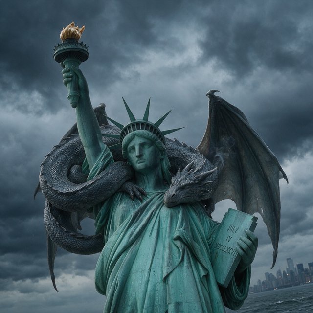A dragon sleeping on the Statue of Liberty on a moody, overcast day. — Seedream 5.0 Pro