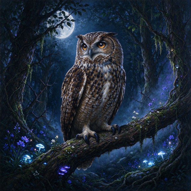 A majestic owl with ancient, knowing eyes perched on a gnarled branch within an ethereal forest. Moonlight filters through the dense canopy, illuminating swirling mists and glowing flora. The scene evokes a sense of deep mystery and ancient magic. Rendered in the style of magical realism with rich oil painting textures. — Seedream 5.0 Flash