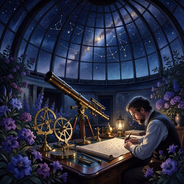 Ink-and-watercolour illustration of an adult astronomer mapping constellations from a glass-domed observatory, surrounded by brass instruments and flowering night plants. Indigo, lavender, and pale gold palette, delicate linework, serene atmospheric detail. — ImagineArt 1.5 Pro