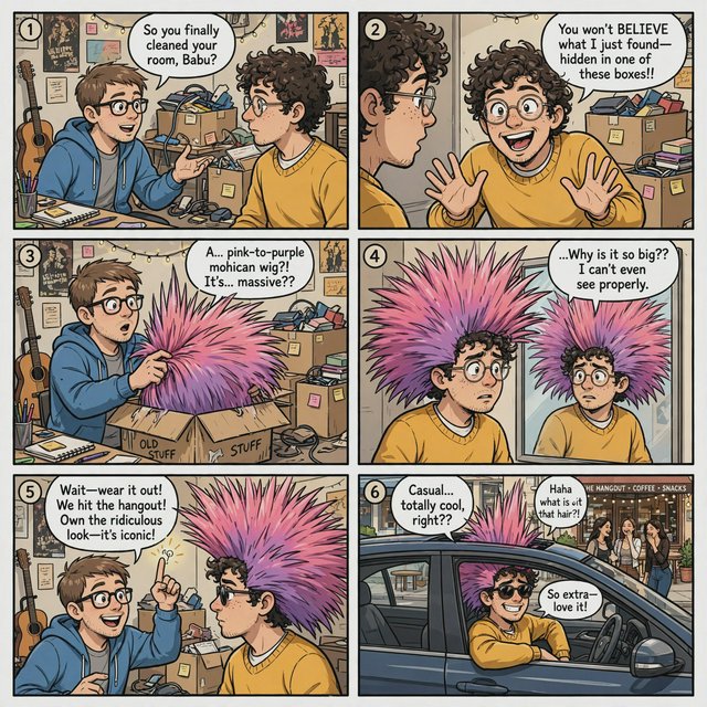 A three-row, six-panel sequence. Panel 1: A short-haired, nerdy man is talking to his friend Babu, another nerd with curly hair and round-frame glasses. They are both 20. Babu's room has a guitar and boxes full of things. Panel 2: Babu is exclaiming to his friend, saying something! Middle row, panel 3: Babu brings a spiky Mohican wig, pink to purple in color, out of one of his boxes. But it is oddly big. Panel 4: Babu stands in front of a wall mirror wearing the spiky wig—it is oddly very big! He looks concerned. Bottom row, panel 5: Babu's nerdy friend exclaims something to him, as if he has had an idea. Bottom row, panel 6: Babu is in a right-hand-drive sedan with a sunroof. Half of the spiky hair on his wig sticks out through the sunroof. The car is parked in front of a neighborhood hangout. Babu is looking out of the window, with one hand out of it. He wears sunglasses, trying to look cool. Several pretty adult women his age are giggling at him. — Muse Image 1.0