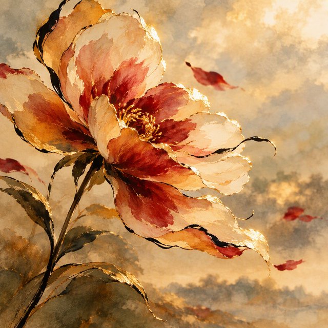 Gently sweeping forms emerge from long, subtle color transitions and soft contours. Bold ink strokes create resilient, confident edges that taper and densify in response to pressure. Raised, polished gold captures directional light in warm, metallic flashes. Luminous, rim-lit gradients blend wet-on-wet into floating patches of color, while a restrained palette of warm ochre, ivory, and deep crimson creates radiant, painterly highlights against a soft, atmospheric background. A flower in the summer wind. — GPT Image 2.5 Flare