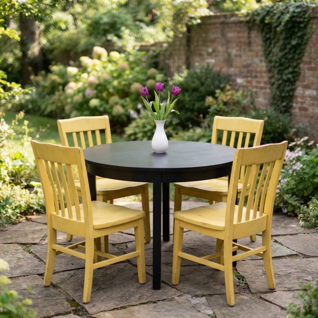 Exactly four yellow wooden chairs surround a round black table: two chairs at the front, one on the left, and one on the right. A white vase with three purple tulips sits at the table center, nothing else. — Nano Banana 2 Lite
