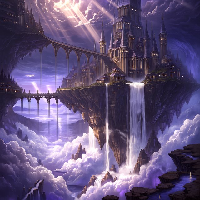 A colossal cliffside monastery hangs beneath a floating island, its waterfalls falling into luminous cloud seas. Bronze bridges connect needle towers, while dawn rays pierce violet storms and tiny windows glow above an endless abyss. — Midjourney Niji 7