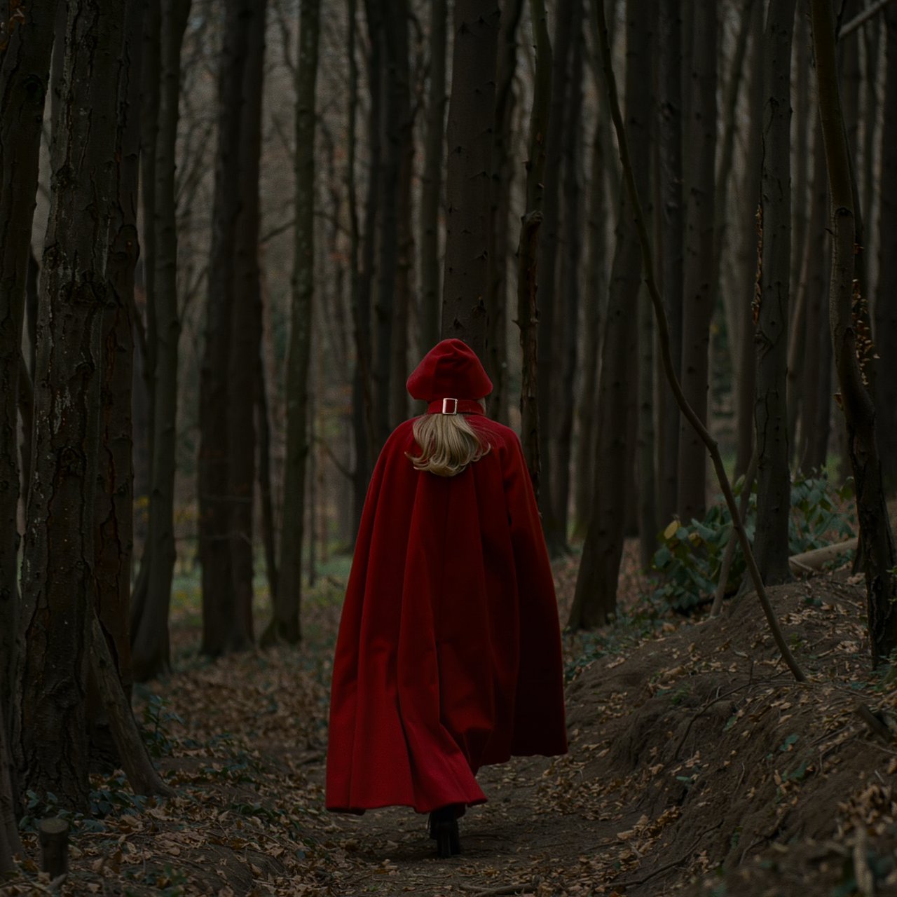 Medium shot at eye level: 1960s vintage film aesthetic. An adult woman with long, blonde hair walks alone through a dark forest. She wears a red hooded cloak, with the hood pulled up and fastened at the neck by a silver buckle. Photorealistic 1960s Technicolor film grain; soft, shallow depth of field. — Kling v3