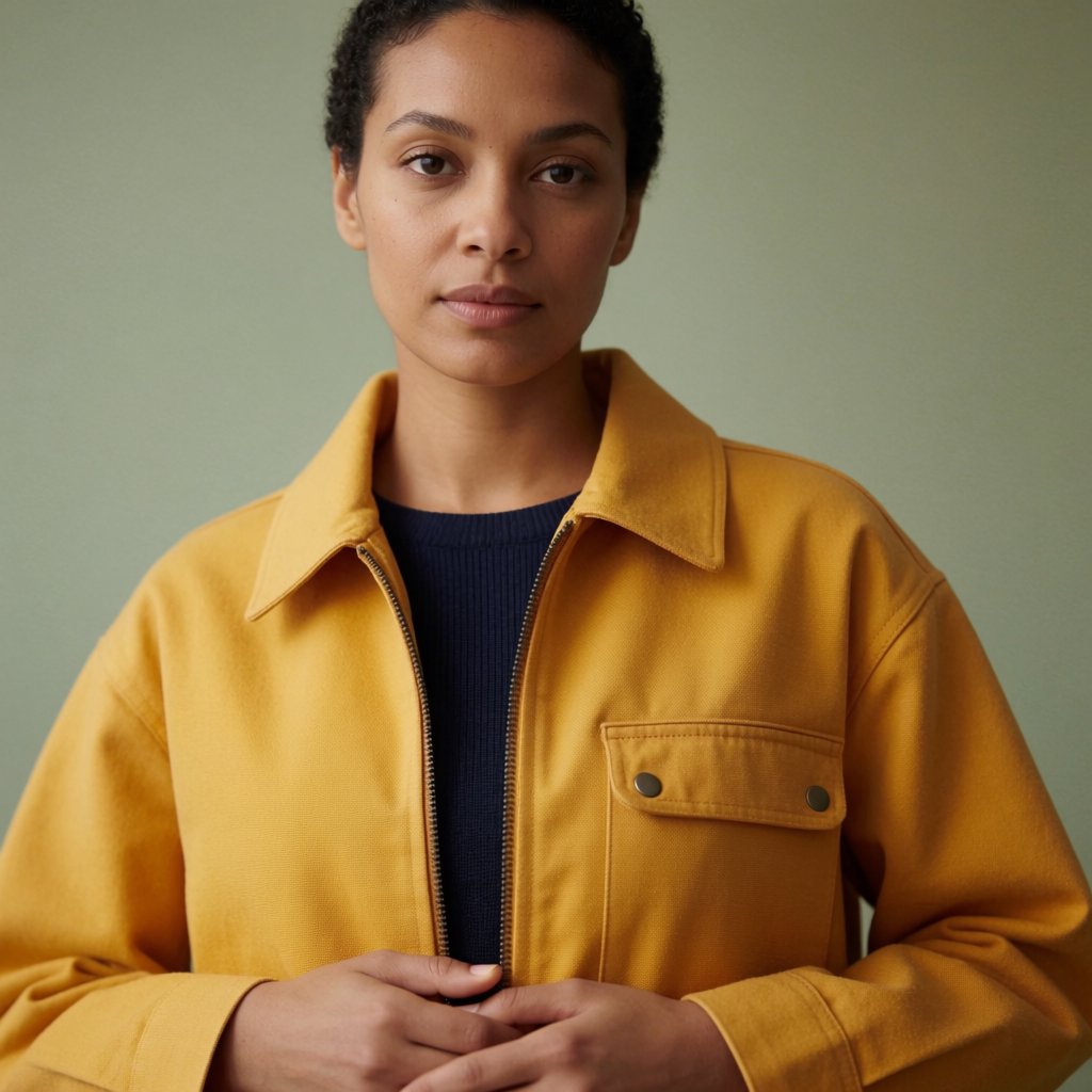 Fashion portrait of an adult nonbinary person in their late twenties wearing a structured saffron-yellow canvas jacket over a fine-gauge navy merino top, hands resting on the jacket hem. Their bright, self-assured expression contrasts with a softly lit sage-green backdrop. — Krea 2 Medium