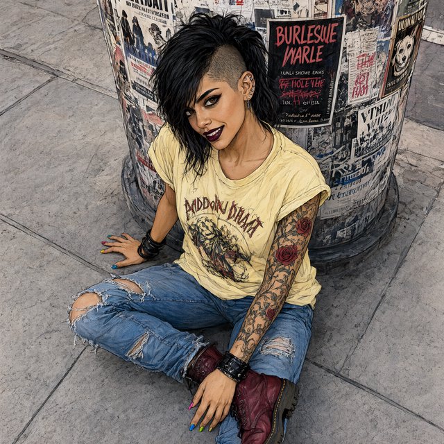 Realistic India ink illustration with crisp black lines, realistic anatomy and proportions, and watercolor fills; black ink outlines remain visible. Full-length, overhead view. A Latina woman sits on the pavement with her back against an enormous, thick round downtown pillar covered in posters for bands, art shows, burlesque, and a lost dog. One hand rests on the pavement, the other on an ankle. She tilts her head back, looking up at the viewer with a confident smile. Character: 25-year-old woman, medium-brown skin, slim build, edgy punk/goth appearance. Black asymmetrical undercut, right side shaved, longer top brushed across forehead, short messy ponytail. Sharp features, arched brows, brown almond-shaped eyes, heavy eyeliner, dark burgundy lipstick, six ear piercings. Each fingernail a different color. Loose pale-yellow graphic T-shirt, ripped blue jeans, dark red combat boots. Full left-arm sleeve tattoo of vines, leaves, and red roses. Thick black leather bracelets on both wrists. — Qwen Image 3.0 Pro