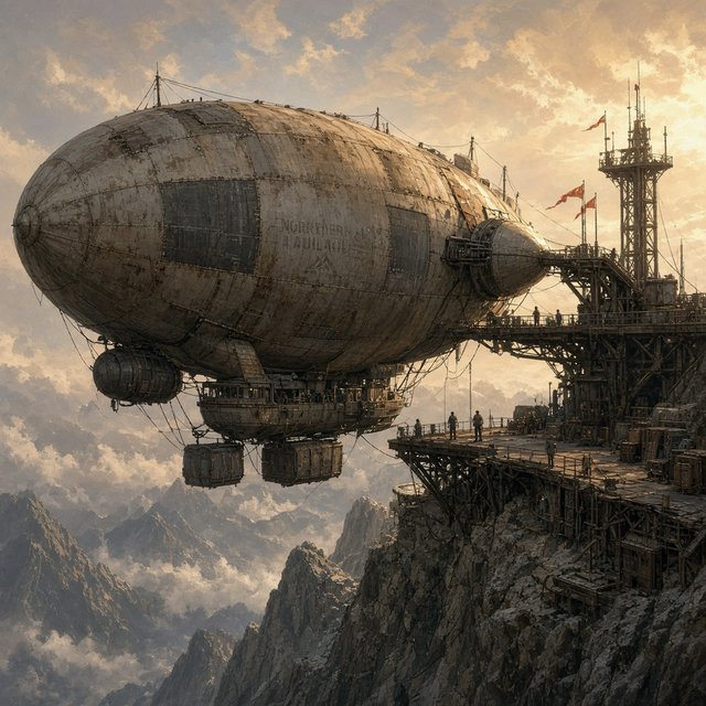 Concept art of a weathered cargo airship docking at a mountaintop station, crew tiny for scale, late afternoon light. — Grok Imagine Image 2