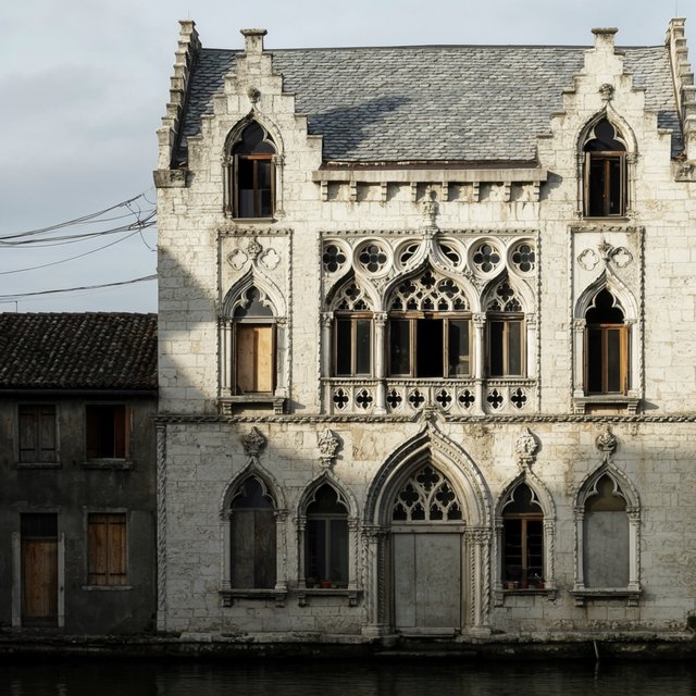 Exterior of a Venetian Gothic opera house beside a quiet canal, pale Istrian limestone, pointed arches, quatrefoil tracery, and a steep slate roof; cool morning light, viewed from across the water, crisp masonry lines and believable structure. — Krea 2 Large