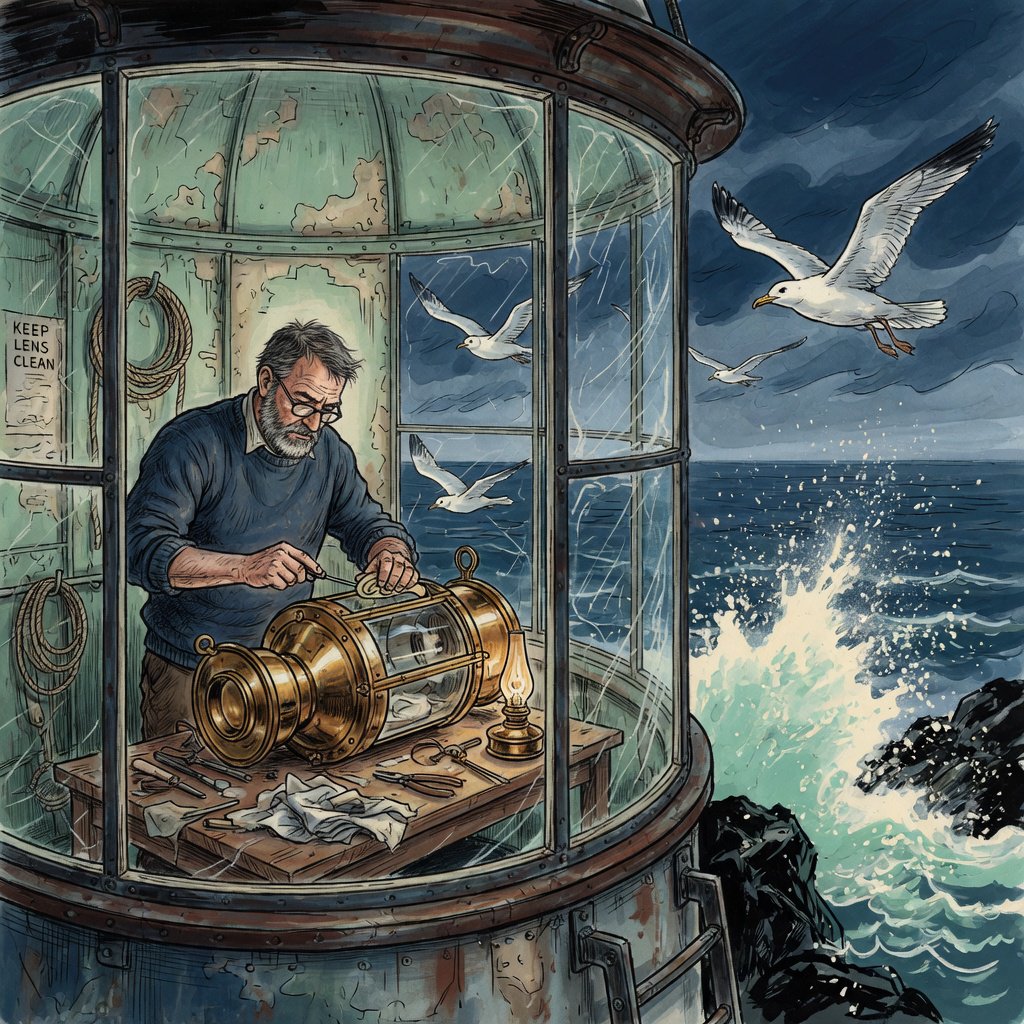 Ink-and-watercolour illustration of an adult lighthouse keeper repairing a brass lantern inside a windswept cliff tower, gulls circling beyond the window and sea spray glowing below. Palette of navy, rust, seafoam, and warm ivory, with expressive linework. — Grok Imagine Image Quality