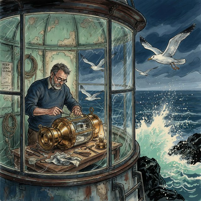 Ink-and-watercolour illustration of an adult lighthouse keeper repairing a brass lantern inside a windswept cliff tower, gulls circling beyond the window and sea spray glowing below. Palette of navy, rust, seafoam, and warm ivory, with expressive linework. — Grok Imagine Image Quality