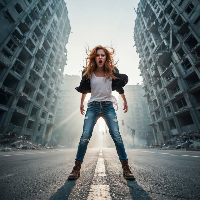 Fantasy fashion mood establishing image of a young woman on an endless street in a pose. Shot on a full-frame camera with an ultra-wide lens at f/2.0, from a very low perspective with a big up-tilt. The woman is centered in the mid-lower third of the frame. Woman: 22 years old, fair skin with slight freckles on her cheeks and nose, orange, messy, very long hair flying in the wind. Dressed in a pair of ripped blue slim jeans, a white baggy tank top, and a black short-waisted jacket moving in the wind; on her feet, you see a pair of old brown leather army boots. Background: an endless street in a post-apocalyptic metropolitan city with huge, destroyed high-rise buildings. There is a slight static fog in the air that is only moving at the woman's feet. Lighting: sunset, with the sun directly behind the woman, creating sunbeams crossing the fog and a soft, warm rim light on her body and flying hair. Pose: the woman is in a full-frontal, wide stance with her feet shoulder-width apart, screaming angrily at what's coming. — Model 7