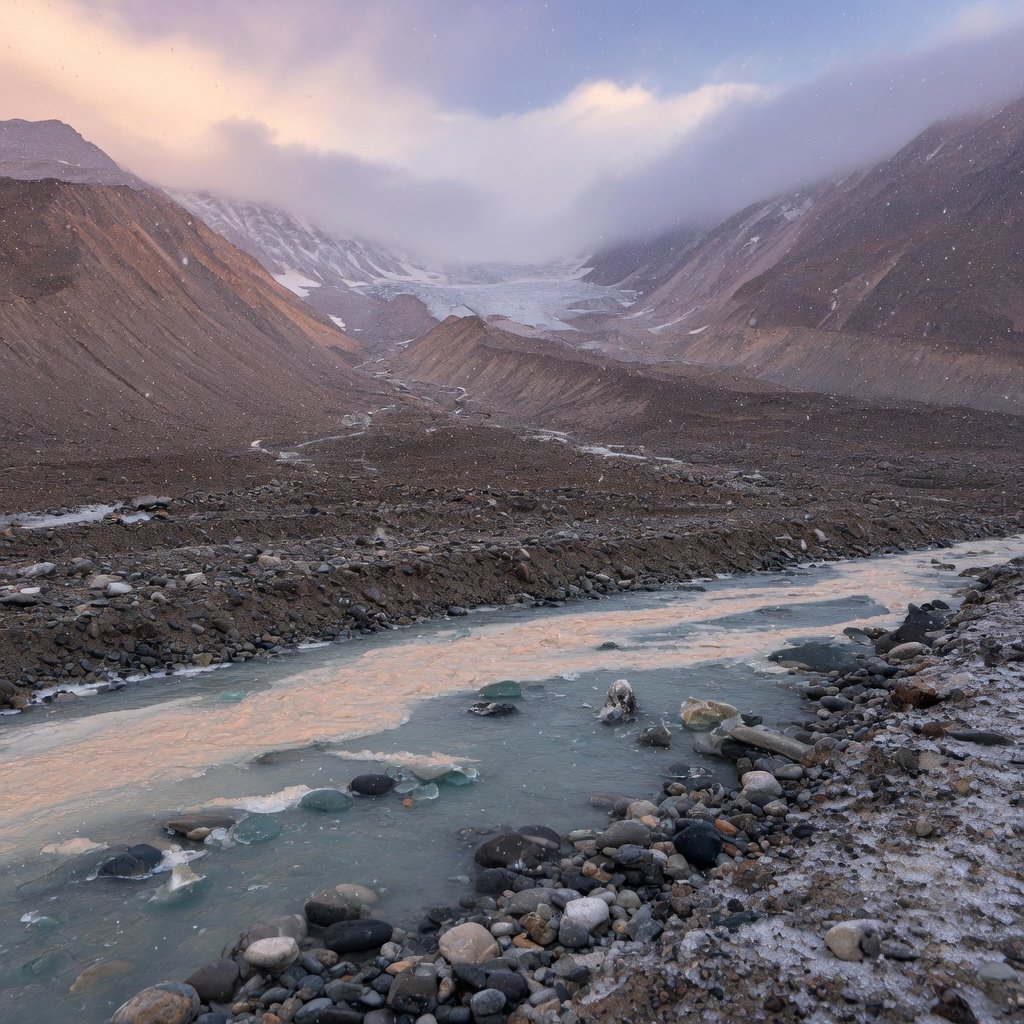 Beyond a braided glacier-fed stream, a steep moraine valley opens beneath clearing dawn snow flurries; gritty ice grains and water-polished stones sharpen the near bank, while layered ridges fade into cloud. — Grok Imagine Image Quality
