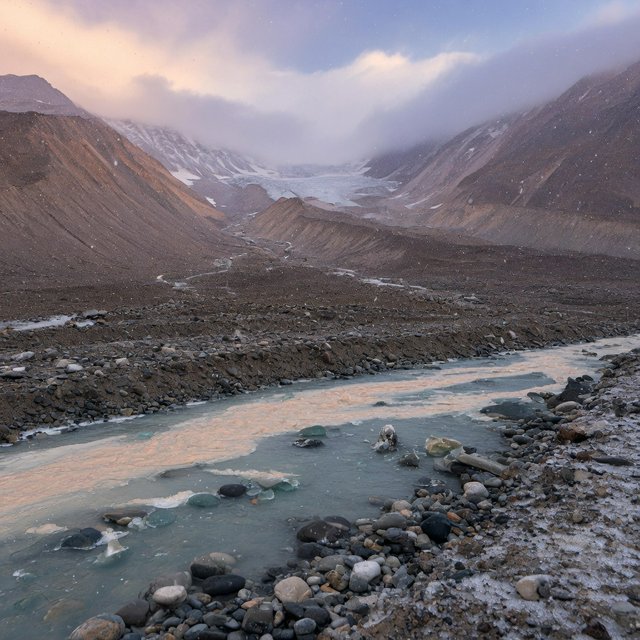 Beyond a braided glacier-fed stream, a steep moraine valley opens beneath clearing dawn snow flurries; gritty ice grains and water-polished stones sharpen the near bank, while layered ridges fade into cloud. — Model 6
