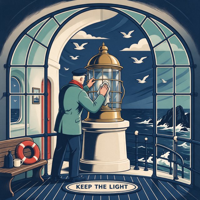 Flat-vector illustration of an adult lighthouse keeper polishing a brass lantern in a windswept tower, gulls circling beyond the glass and foam tracing black rocks below. Palette of sea-glass green, cream, vermilion, and navy. — Seedream 5.0 Flash