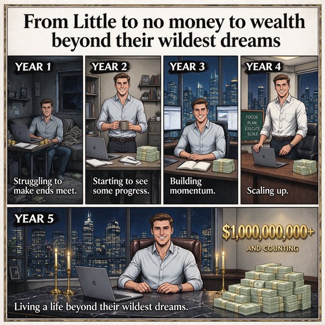 Realistic comic. At least 4 panels. It showcases 5 years of someone's life, from the first year, when they struggled to make money, to the fifth year, when they are worth millions to billions of dollars. Make sure money is seen at least once in the image. At the top, it says "From Little to no money to wealth beyond their wildest dreams". — Seedream 5.0 Flash