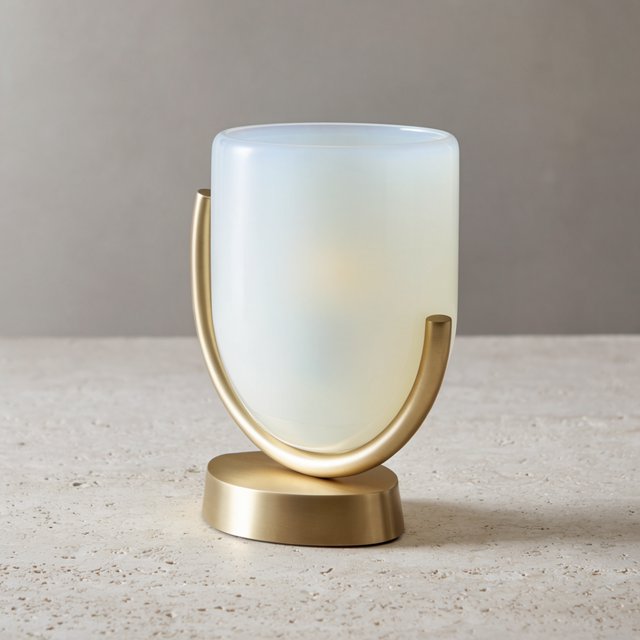 Commercial product photograph of an unbranded sculptural desk lamp made from brushed brass and opal glass, resting on pale travertine, against a warm gray background, with soft diffused light from upper left and gentle grounding shadow. — Krea 2 Large