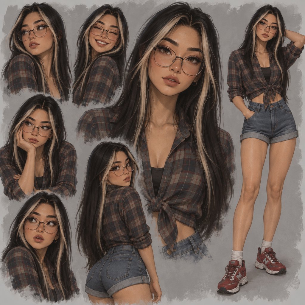 Character exploration sheet of the same woman: several bust and waist-up studies with varied expressions and 3/4 views, including one from behind, glancing over her shoulder at the viewer; one larger central portrait; and one full-length figure at the side, spanning the image height. Plain light-gray background with irregular painted edges. Character: 25-year-old Korean woman with long straight black hair and two platinum face-framing streaks from roots to ends, glasses, tipped almond eyes, Asian skin tone, plaid button-up tied at the waist, cuffed denim shorts, chunky red sneakers. Style: stylized semi-realistic digital painting; animation-inspired proportions, large eyes, strong brows, simplified but solid anatomy, painterly shape-based rendering, minimal linework, soft facial shading, angular clothing brushwork, warm luminous skin with peach/terracotta undertones and rosy cheeks/nose, sculpted hair, muted charcoal/earth palette, soft studio light, loose unfinished edges. — GPT Image 2.5 Sunburst