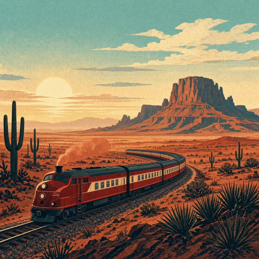 At dawn, a scarlet desert train curves past saguaro silhouettes toward a mesa; screen-printed gouache illustration in mid-century travel-poster style, palette of rust, turquoise, sand, and cream, no lettering. — Grok Imagine Image 2
