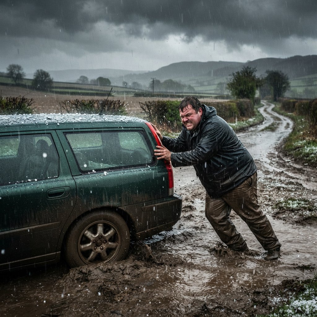 A man is pushing his car, which is stuck in the mud, amid heavy rain in the countryside. The sky is gloomy, and some hail is also falling on the car and the ground. The big man has mud all over his trousers. Show him struggling. — Nano Banana 2 Lite