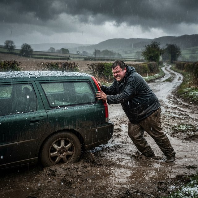 A man is pushing his car, which is stuck in the mud, amid heavy rain in the countryside. The sky is gloomy, and some hail is also falling on the car and the ground. The big man has mud all over his trousers. Show him struggling. — Nano Banana 2 Lite
