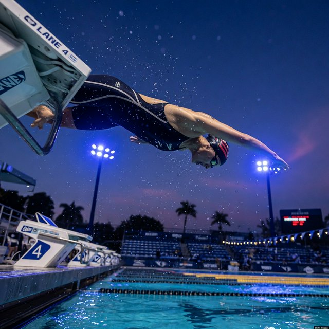 Under the blue-hour floodlights, an adult swimmer drives off the starting block into an outdoor pool. A real-world sports press photo, shot at 200mm with shallow depth of field, captures beads of water suspended around her shoulder. — Grok Imagine Image Quality