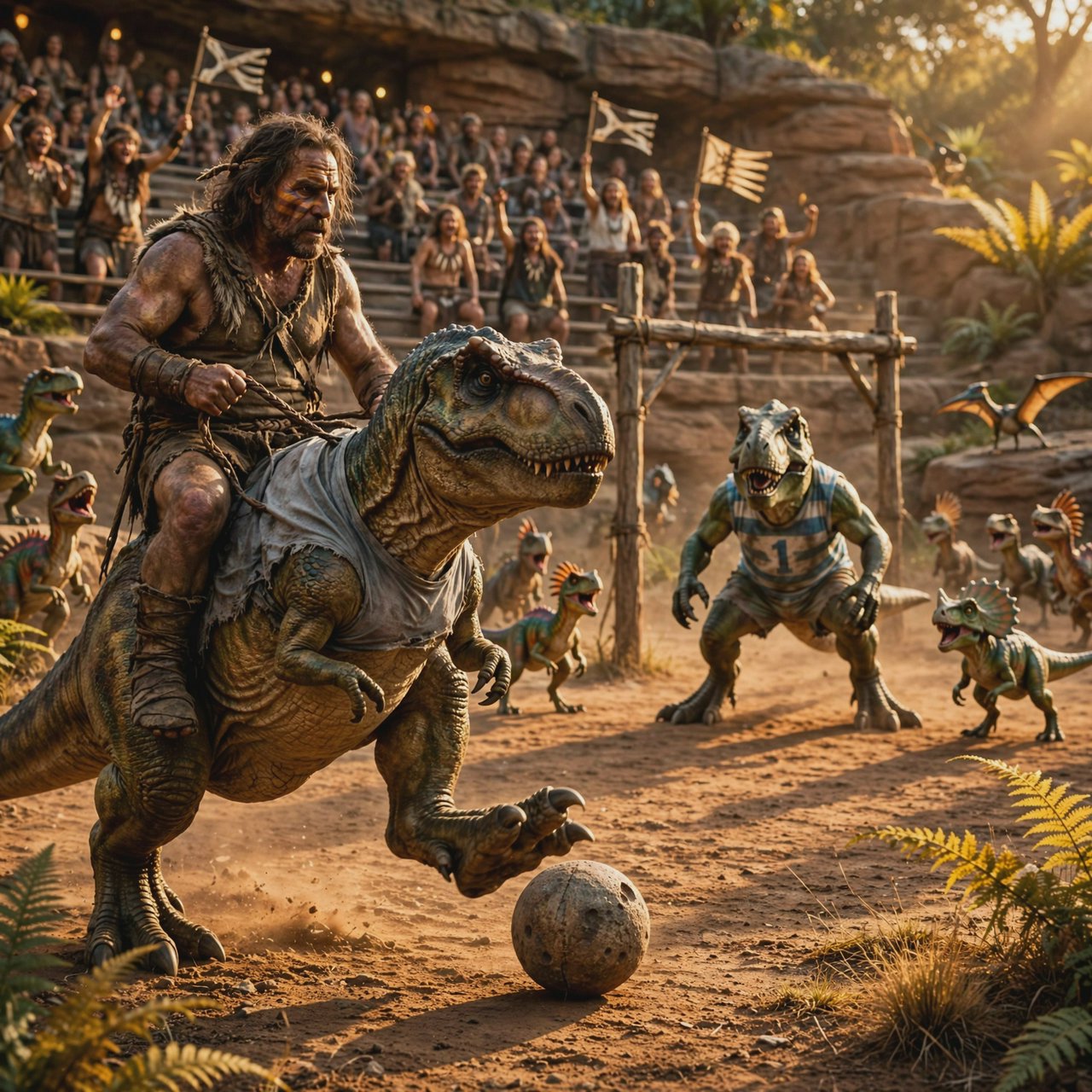 Wide shot of a golden-hour prehistoric football match, photorealistic, cinematic. A weathered, muscular adult caveman with ochre face paint sits upright on a plump medium T-Rex's back, gripping a braided leather leash. The mounted T-Rex strains mid-kick, wearing a tiny faded grey cotton T-shirt riding up over its scaled shoulders and frayed athletic shorts bunched at its hips, one massive clawed foot cocked back behind a pockmarked 3ft stone football. A weathered timber goalpost stands 20 yards ahead; the opposing T-Rex goalie hunches ready in a sleeveless striped jersey #1 and grass-stained shorts, claws dug into dusty red earth. Sunlit bleachers line the natural rock arena: cheering adult cave families wave bone flags, assorted small dinosaurs bounce and roar along the sidelines, warm late-afternoon light gilds fern fronds and dinosaur scales, soft long shadows stretch across the playing field, playful triumphant atmosphere, sharp focus on the kicking T-Rex, shallow depth of field on spectators. — Muse Image 1.0
